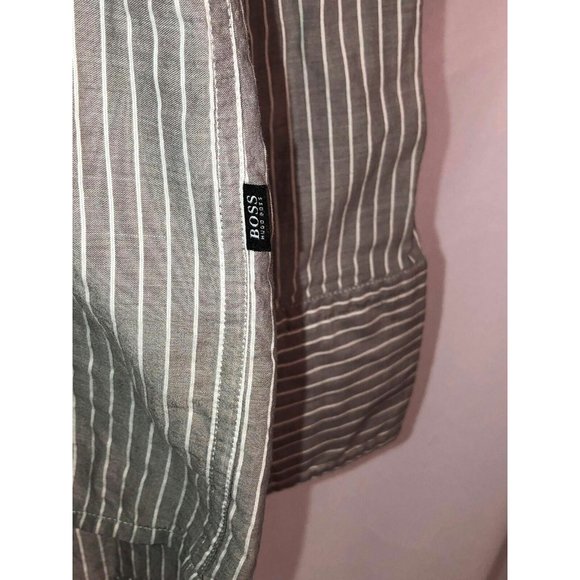 Hugo Boss Shirt Mens Size Large L Button Front Fitted Grey and White Striped - Picture 2 of 5